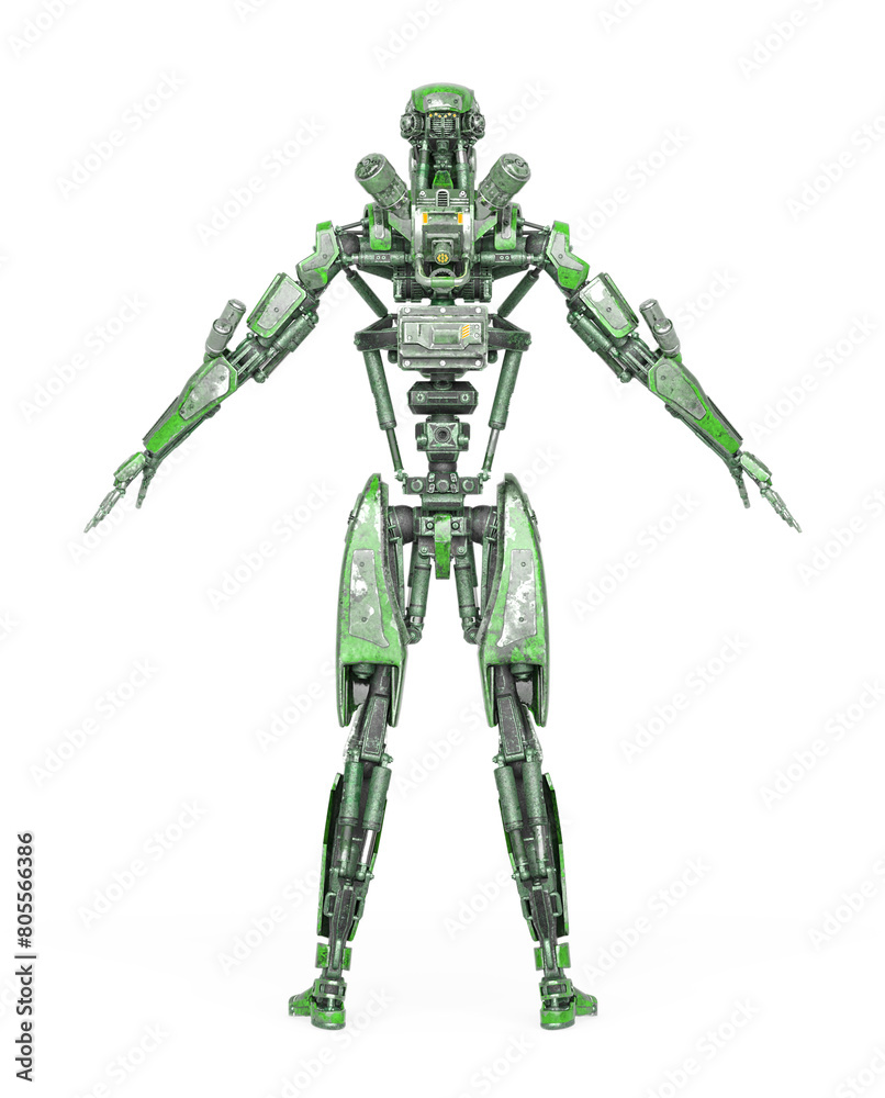 apocalypse cyborg on a pose in rear view apocalypse cyborg on a pose in rear view