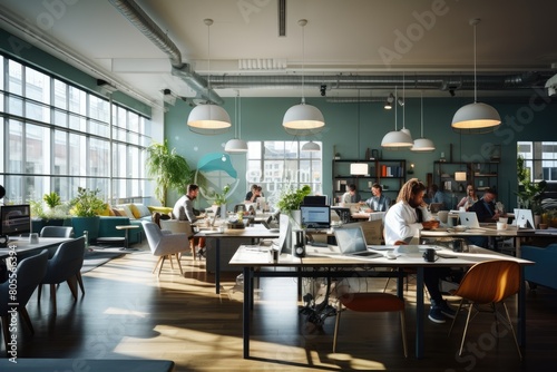 Modern office space with multiple people working at individual tables on laptops, in a room with large windows and industrial style decor.