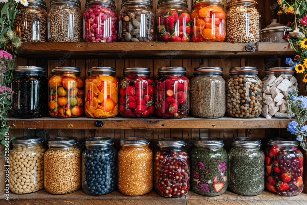 A neatly arranged pantry featuring colorful jars of preserved fruits and vegetables on wooden shelves