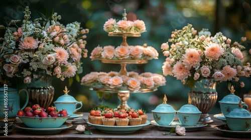summer garden tea party with elegant d  cor in pink and turquoise blue colours  with pink rose flowers and cupcakes. 