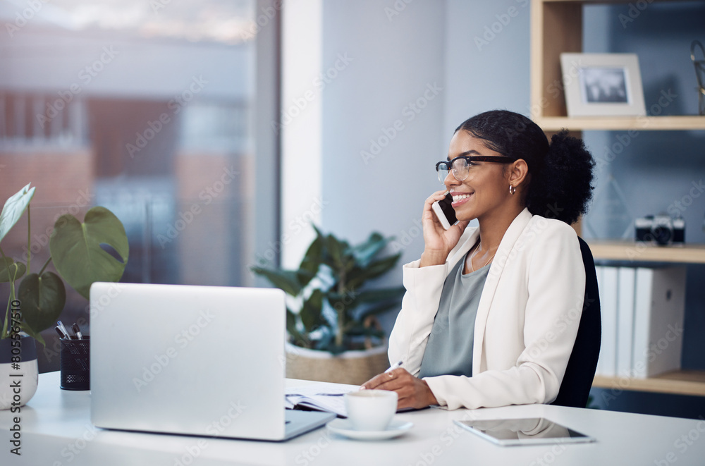 Phone call, laptop and business woman at desk for talking, networking and discussion. Corporate worker, insurance office and person on smartphone and computer for planning, contact or communication Phone call, laptop and business woman at desk for talking, networking and discussion. Corporate worker, insurance office and person on smartphone and computer for planning, contact or communication
