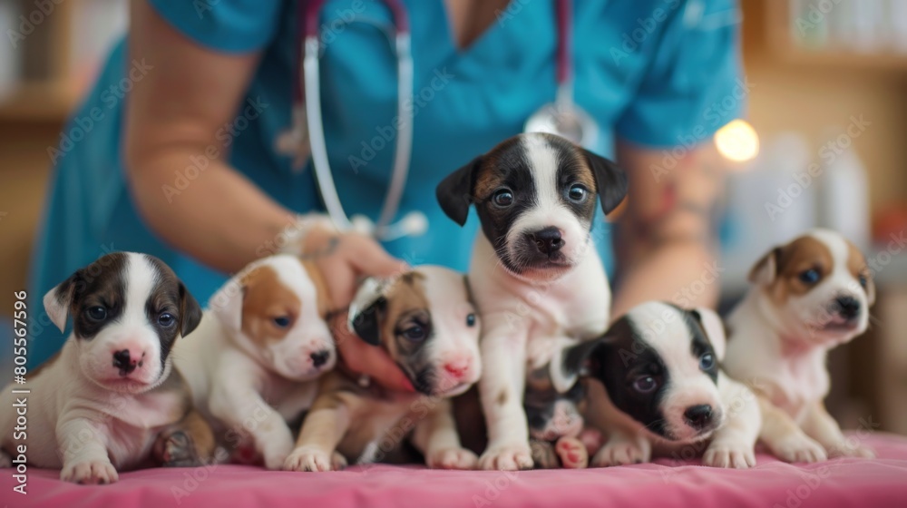 Obraz premium An uplifting image of a veterinarian administering vaccines to a litter of adorable puppies, promoting responsible pet care.