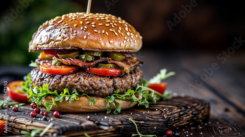Large hamburger with bacon, cheese, tomatoes and lettuce ©  Riley