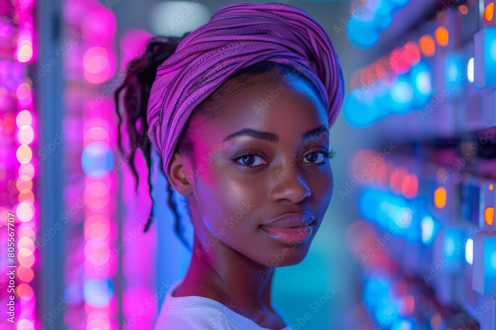 An elegant woman with a purple headscarf stands against a neon-lit backdrop, radiating calmness