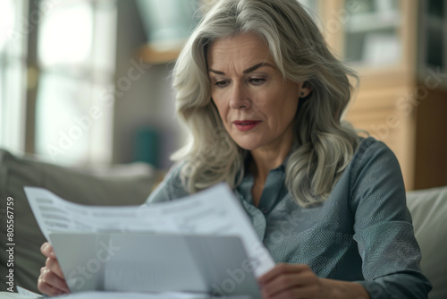 With a thoughtful expression, a mature woman therapist reviews patient records on her laptop, carefully considering each detail in formulating treatment plans