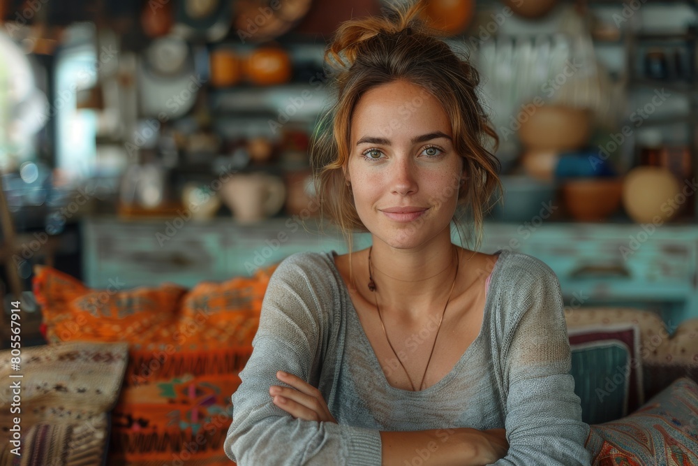 A relaxed, approachable woman sits casually in a cozy, artisanal setting, inviting warmth A relaxed, approachable woman sits casually in a cozy, artisanal setting, inviting warmth