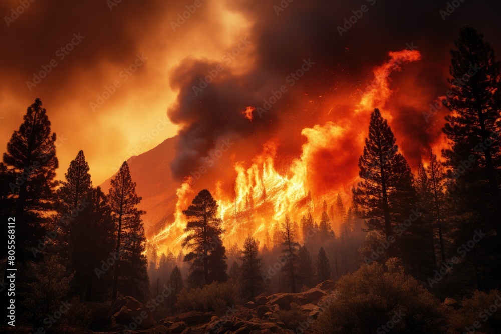 A large wildfire blazing intensely on a mountainside, with tall silhouetted pine trees in the foreground and an orange and smoky sky in the background. A large wildfire blazing intensely on a mountainside, with tall silhouetted pine trees in the foreground and an orange and smoky sky in the background.