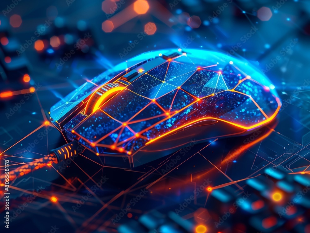 Neural lowpoly AI futuristic neon network of computer mouse Stock Photo ...