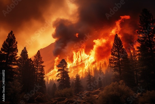 A large wildfire blazing intensely on a mountainside  with tall silhouetted pine trees in the foreground and an orange and smoky sky in the background.