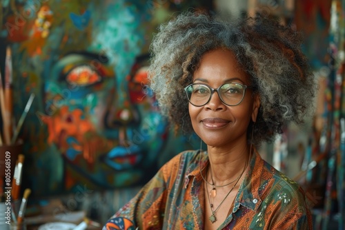 An elder female artist with gray curly hair smiles gently in her vibrant art studio, surrounded by creative chaos and colorful artwork