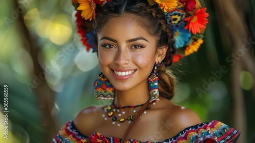 Woman in Colorful Dress and Flower Headdress