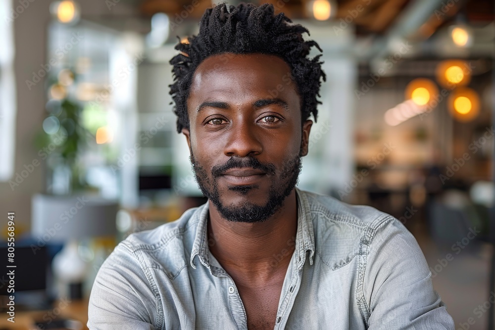 Professional looking man with neatly styled dreadlocks and a gentle gaze in an office setting Professional looking man with neatly styled dreadlocks and a gentle gaze in an office setting