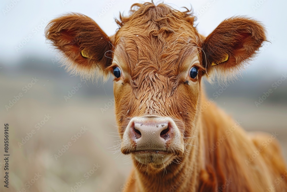 Adorable portrait of a young brown calf with expressive eyes and fluffy ears, set against a natural field backdrop Adorable portrait of a young brown calf with expressive eyes and fluffy ears, set against a natural field backdrop