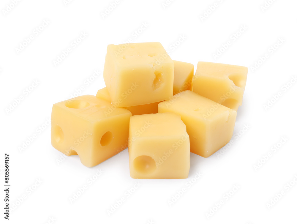 Cubes of delicious cheese isolated on white Cubes of delicious cheese isolated on white
