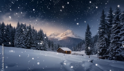 winter night landscape with falling snow