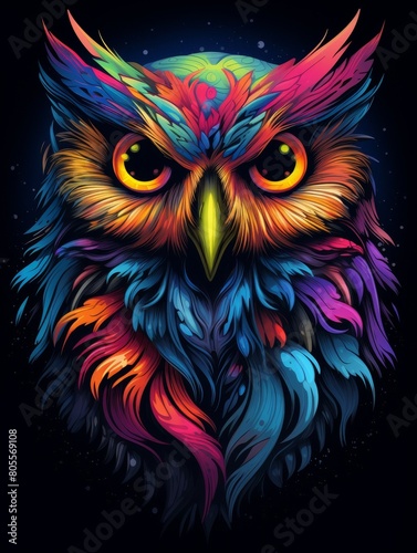 Rainbow Owl with Giant Eyes on Black