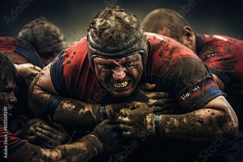 Close-up of a rugby player covered in mud, gritting his teeth with determination, surrounded by other muddy players in a huddle.