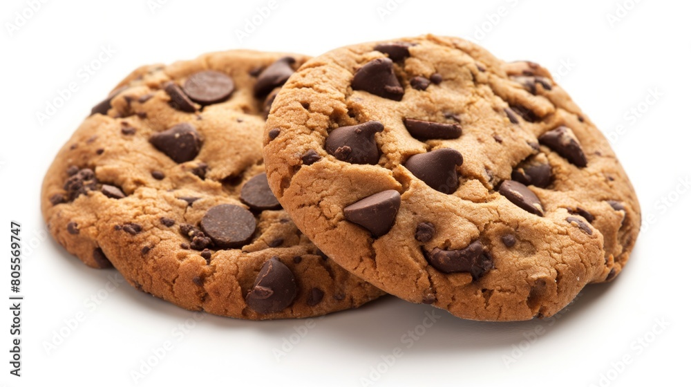 Two chocolate chip cookies arranged neatly on a plain white background Two chocolate chip cookies arranged neatly on a plain white background
