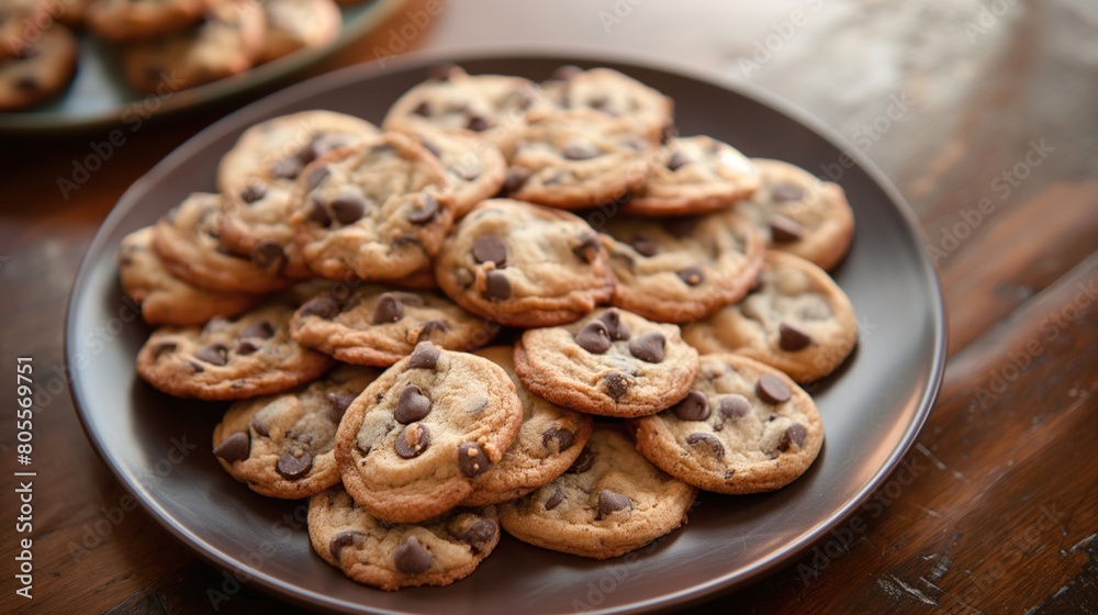 Freshly baked chocolate chip cookies on a wooden table