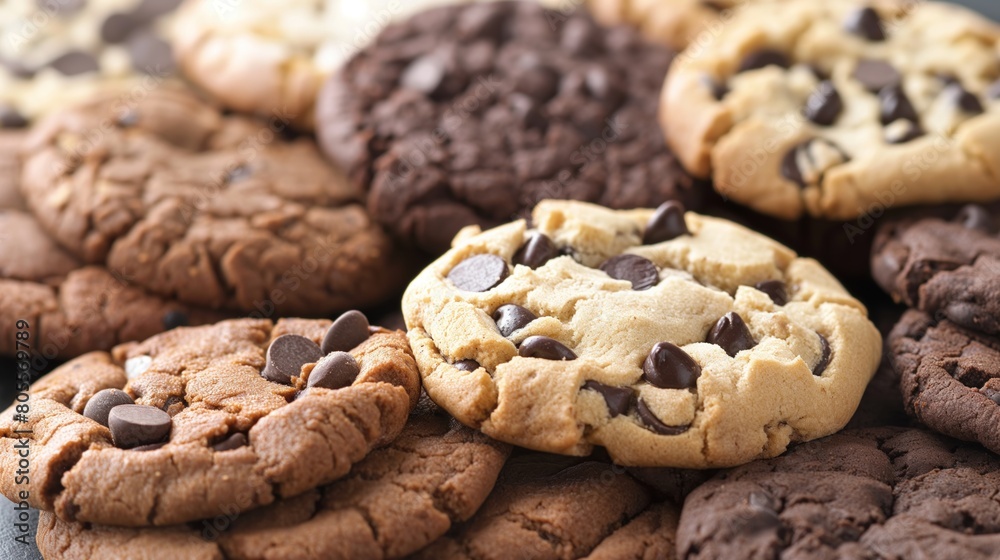 Several chocolate chip cookies stacked on a wooden table Several chocolate chip cookies stacked on a wooden table