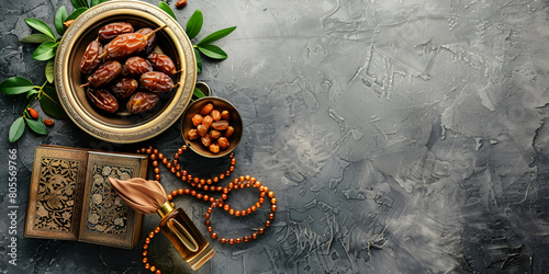 slamic new year decoration with traditional food and dates photo