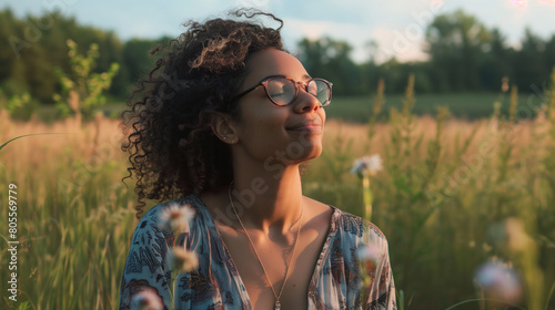 Middle aged black woman in a field breathing in fresh air. Young religious woman meditating in nature. Wellness and healing in nature. Diversity and inclusion in the wellness industry.	