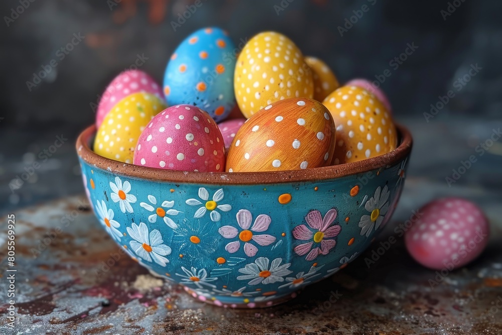 Fototapeta premium A vibrant image capturing a bowl of patterned Easter eggs on a rustic backdrop, symbolizing spring and renewal