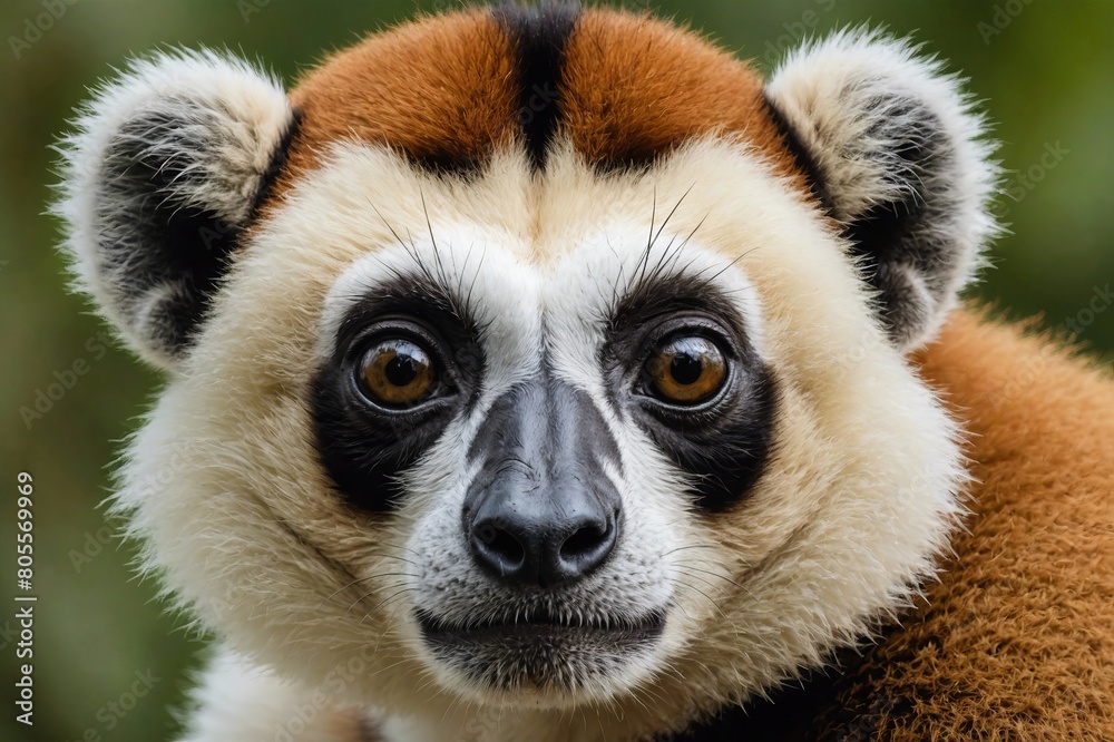 Obraz premium top close and full framed view of Sifaka head , detailed and sharp textures, large depth of field