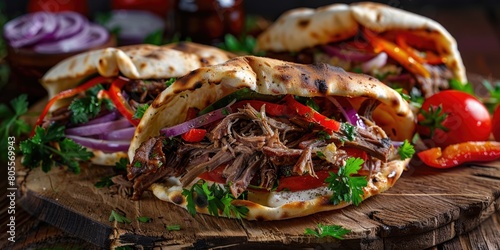 Two delicious pita sandwiches with meat and vegetables, perfect for food blogs or restaurant menus