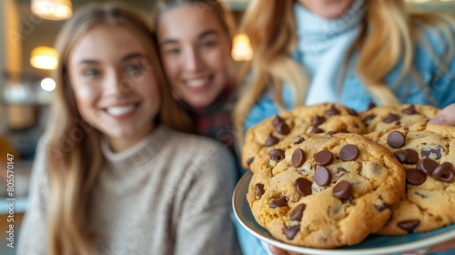 Two girls standing together  holding a plate filled with chocolate chip cookies