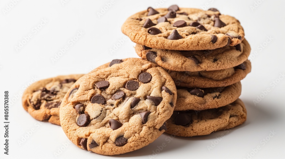 A stack of chocolate chip cookies on a white background A stack of chocolate chip cookies on a white background