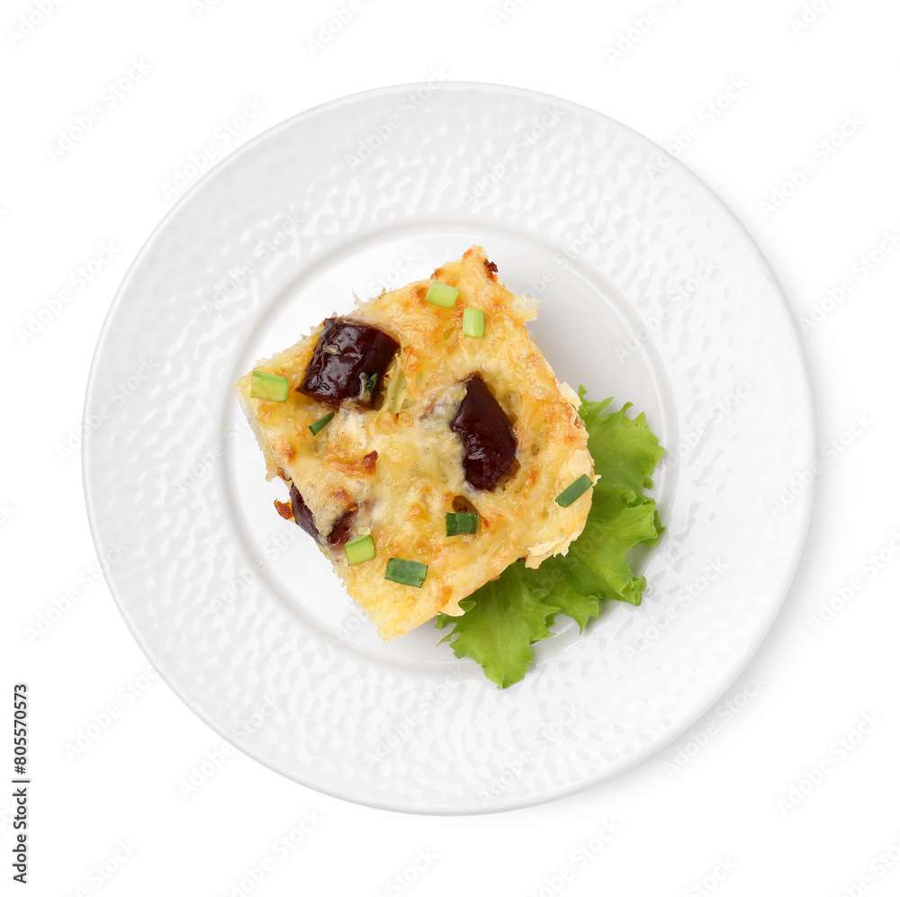 Tasty sausage casserole with green onions isolated on white, top view