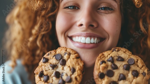 Woman playfully holds two chocolate chip cookies in front of her face
