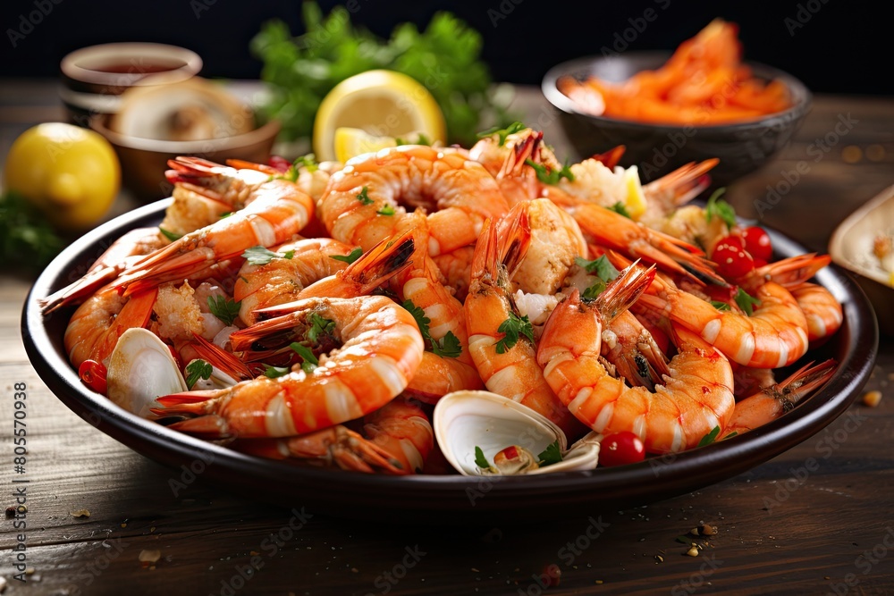A plate of cooked prawns garnished with lemon slices and herbs, served alongside seafood and vegetables. A plate of cooked prawns garnished with lemon slices and herbs, served alongside seafood and vegetables.