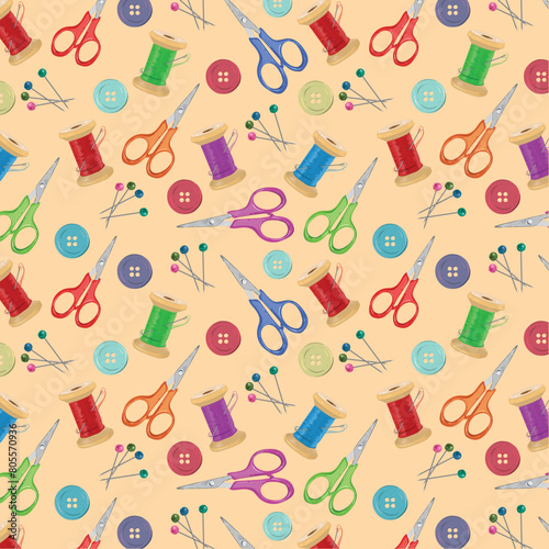 Seamless pattern with scissors, threads, buttons, pins, and needles. Vector background with tools and accessories for needlework and sewing.
