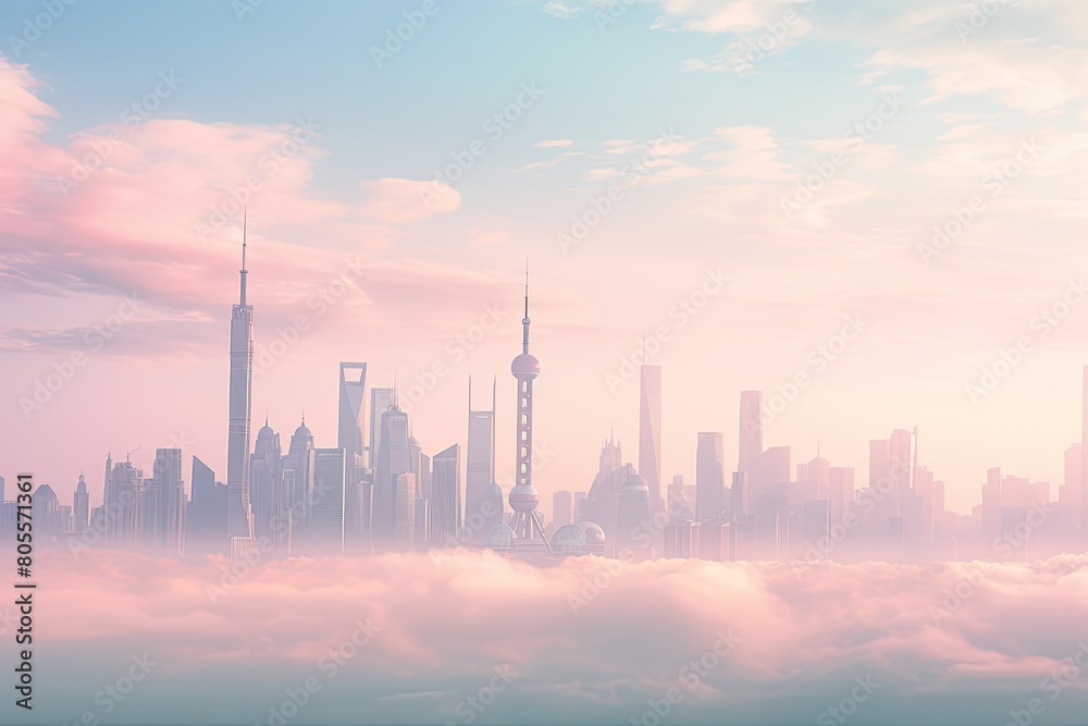 Soft pastel pink and blue sunrise over a hazy city skyline.