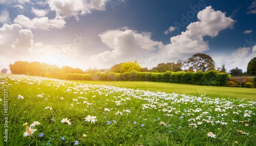 green spring meadow with nature field grass in summer under sunny sky sun shining on flowers garden landscape fresh day floral daisy and blue outdoor herb light bright chamomile park rural cloud