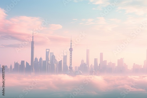 Soft pastel pink and blue sunrise over a hazy city skyline.