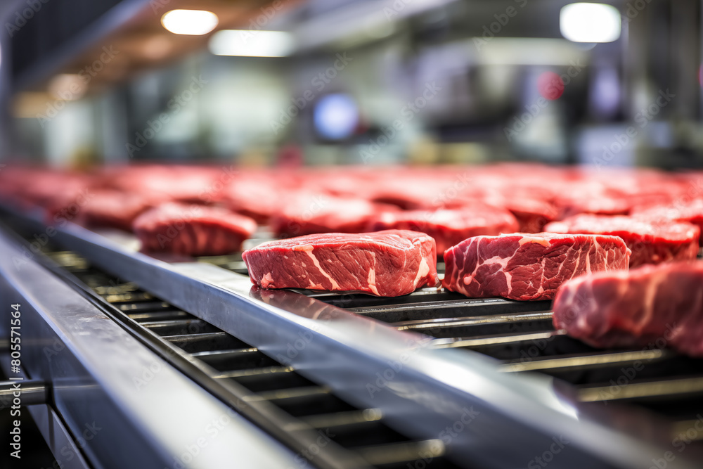 Raw beef meat on a conveyor belt in a modern food factory. Shallow depth of field. Raw beef meat on a conveyor belt in a modern food factory. Shallow depth of field.