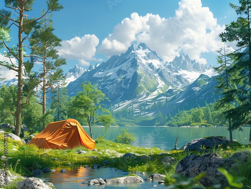 Bring your wilderness camping experience to life with a sweeping panoramic view animation style capturing natures splendor in vibrant colors and dynamic movements