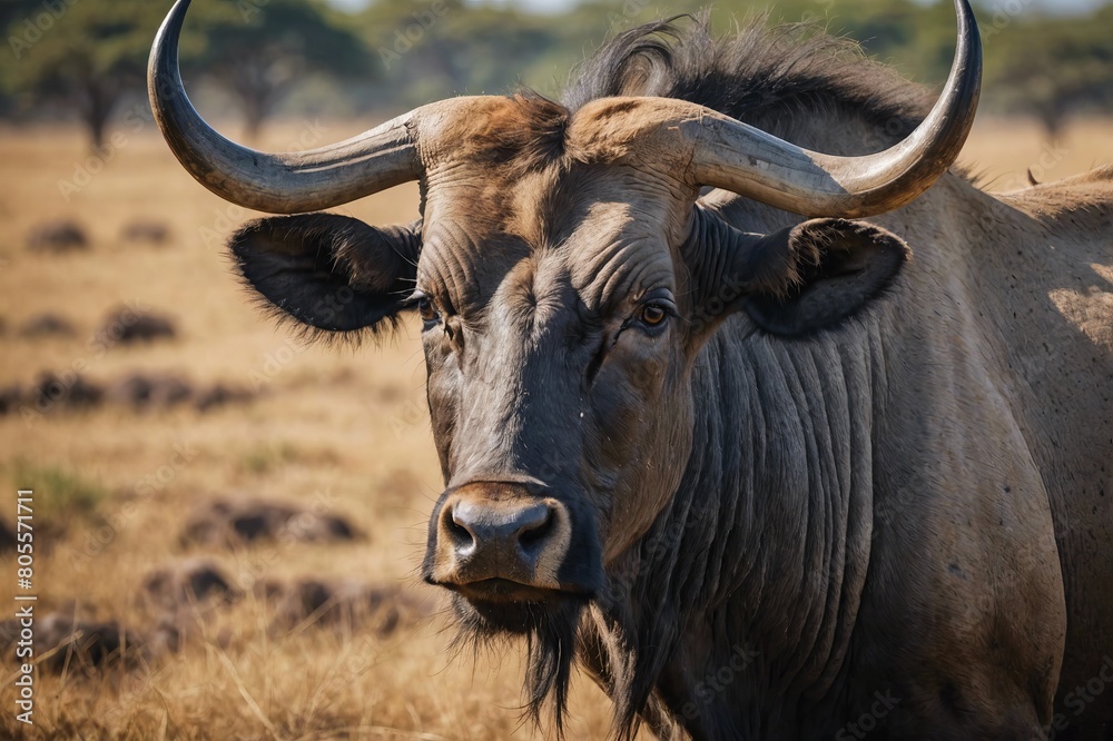 top close and full framed view of Wildebeest head , detailed and sharp textures, large depth of field top close and full framed view of Wildebeest head , detailed and sharp textures, large depth of field