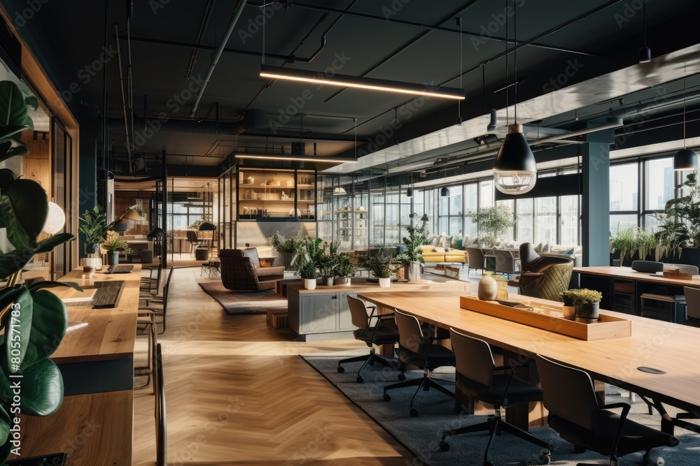 Modern office lounge area with large windows, brown leather sofas, hanging black dome lamps, wooden floors, and indoor plants.