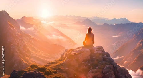 A woman sits atop a majestic mountain as the radiant colors of the sunset adorn the horizon, Young woman meditating at dawn on a mountain with panoramic views, AI Generated photo