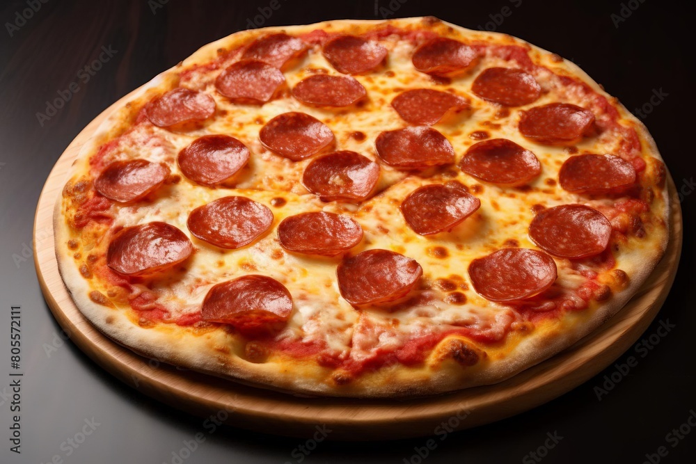 A large pepperoni pizza sits on a wooden board