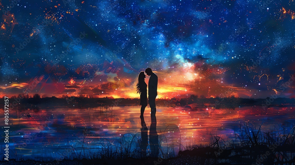 Capture the essence of Frontal view Romance Stories with a digital painting of a couple gazing into each others eyes under a starlit sky