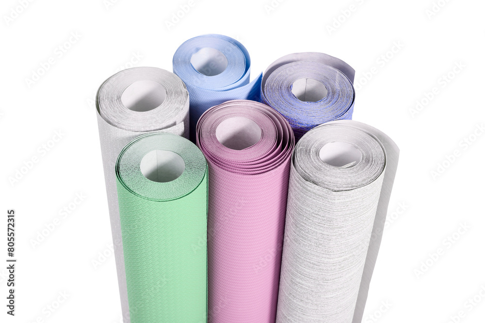 Different colorful wallpaper rolls isolated on white Different colorful wallpaper rolls isolated on white
