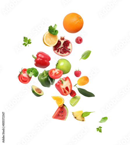 Fototapeta Naklejka Na Ścianę i Meble -  Different fresh fruits and vegetables in air on white background