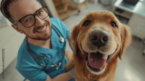 happy golden retriever dog with a doctor in a blue uniform and glasses in a first aid clinic