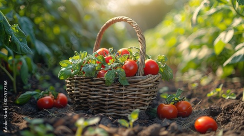 Basket of Tomatoes in a Garden