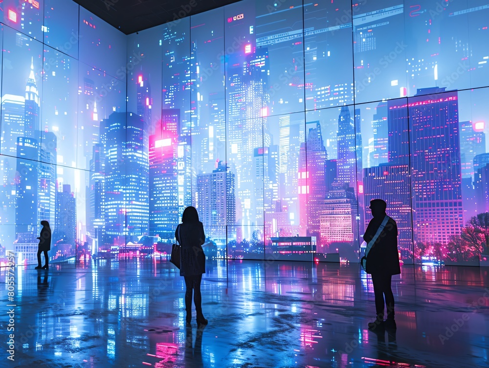 Illuminate the sprawling urban landscape with innovative lighting techniques in a digital masterpiece, portraying social commentary on consumerism and technology addiction